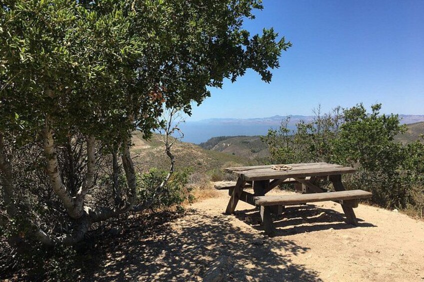 Una mesa de picnic en un entorno natural con vistas a colinas distantes. 5