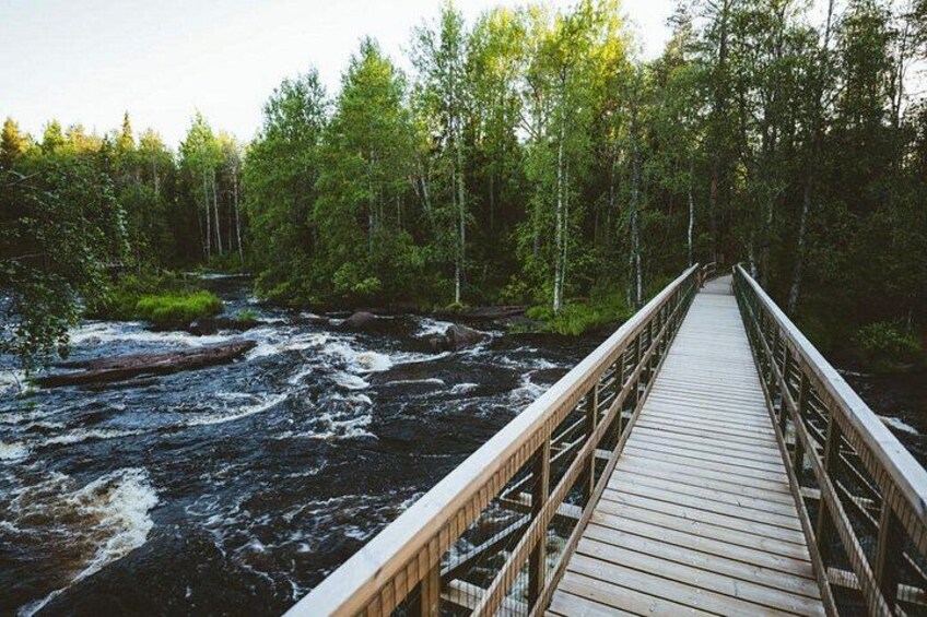 En träpromenad som går över en flod med forsande vatten, omgiven av tät skog. 2