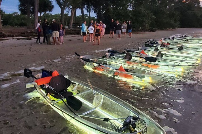 Varias embarcaciones con fondo de cristal están alineadas en una playa de arena, con gente de pie cerca. 4