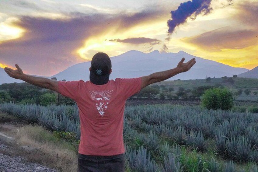 A person standing with arms outstretched facing a mountain range during sunset. 5