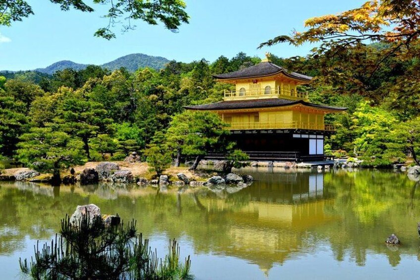 Un edificio japonés tradicional con techo dorado, rodeado por un estanque tranquilo y abundante vegetación. 2