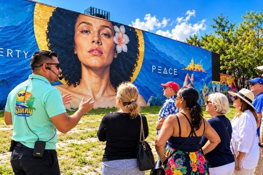 Een muurschildering met een vrouw, een bloem en het woord 'PEACE'. 3