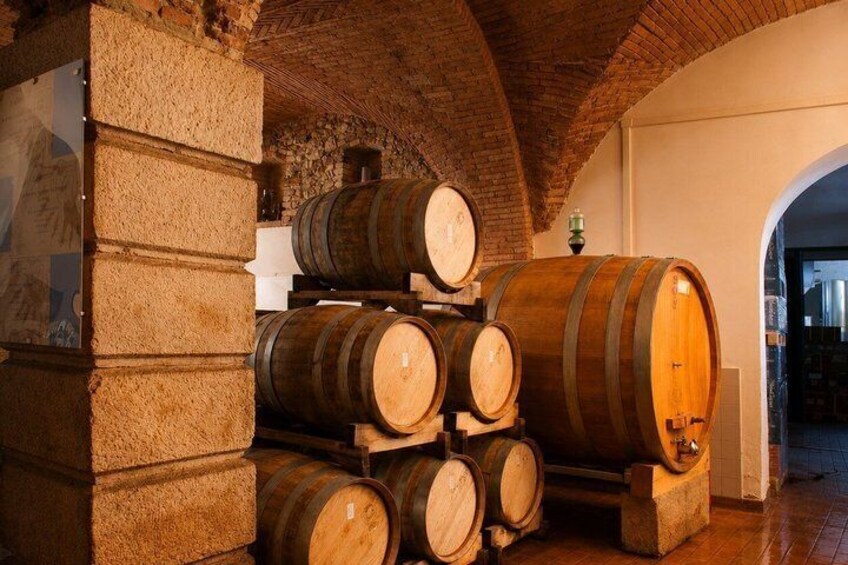 Wooden wine barrels stacked in a cellar with stone pillars and a brick ceiling. 2