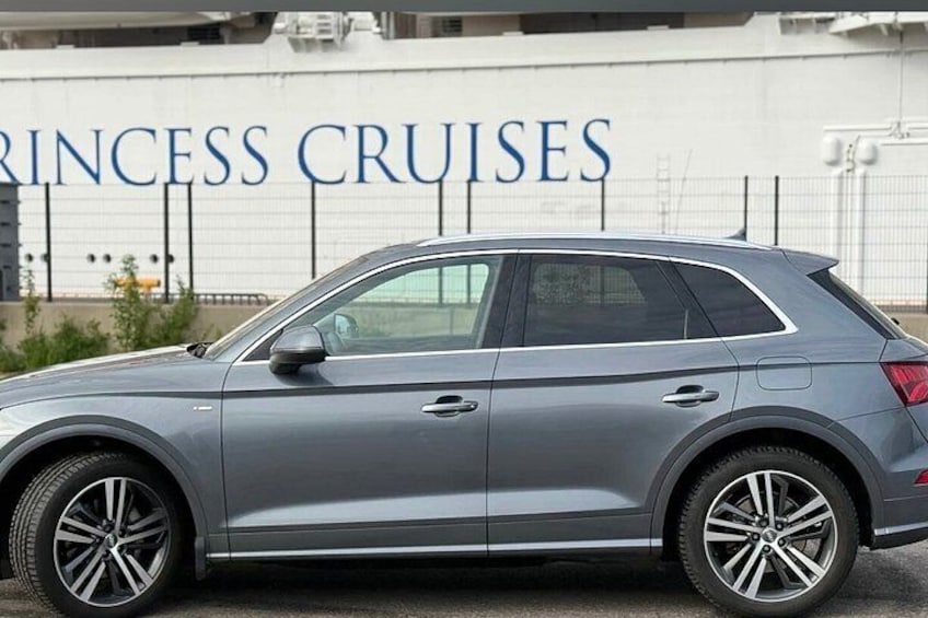Un SUV gris estacionado frente a un edificio con la leyenda 'PRINCESS CRUISES'. 2
