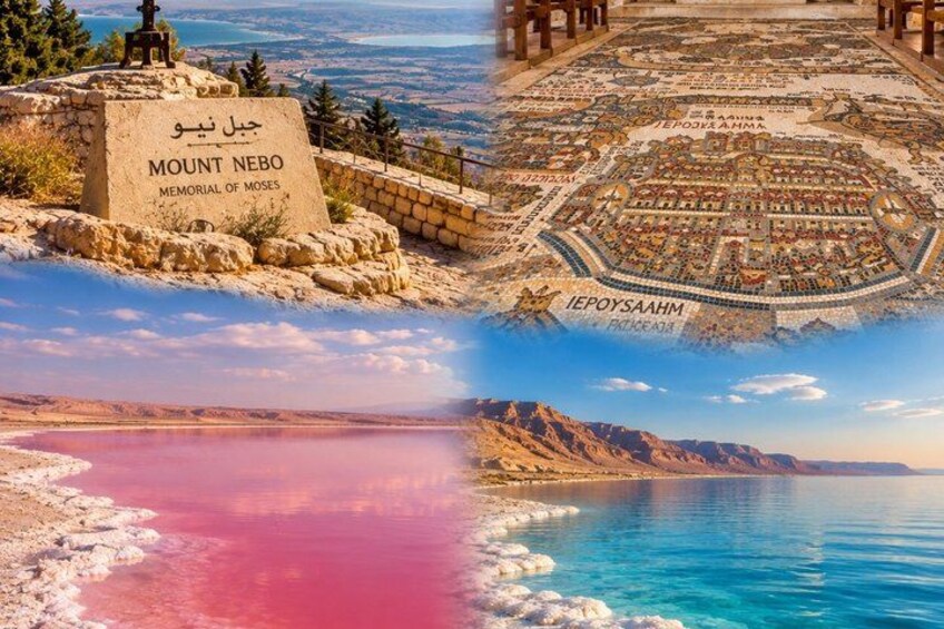 Mount Nebo Memorial of Moses, a stone monument, a detailed map, and a body of water with pink and blue hues. 2