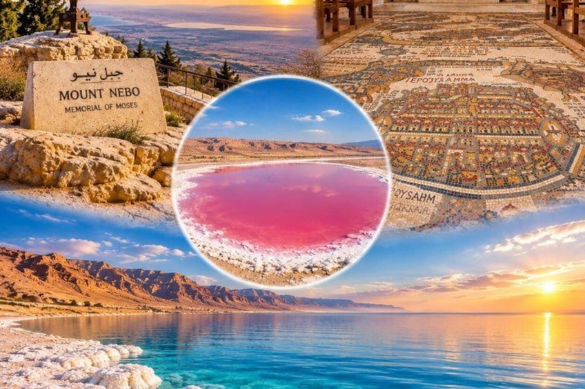 Mount Nebo Memorial of Moses, a scenic landscape with a lake, a desert area, and a traditional rug. 1