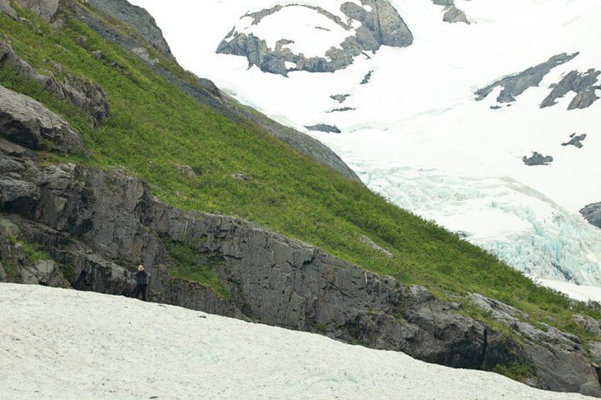 Ein Gletscher, felsiges Gelände und eine Person, die auf einer Hangkante steht. 2