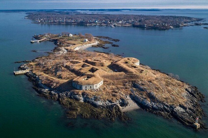 An overlooking view of private Fort Scammel just off the coast of Portland. 4