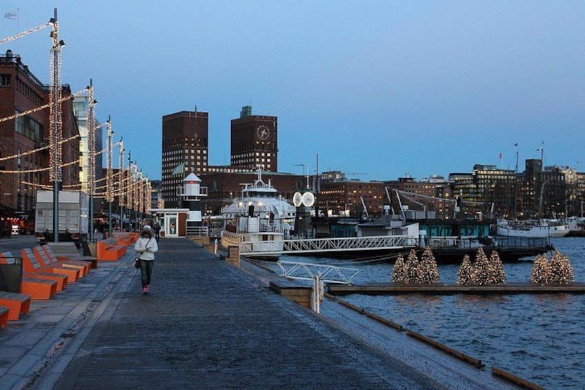 Eine Uferpromenade mit einer Reihe von Weihnachtsbäumen, einem Steg mit Booten und Gebäuden im Hintergrund. 5