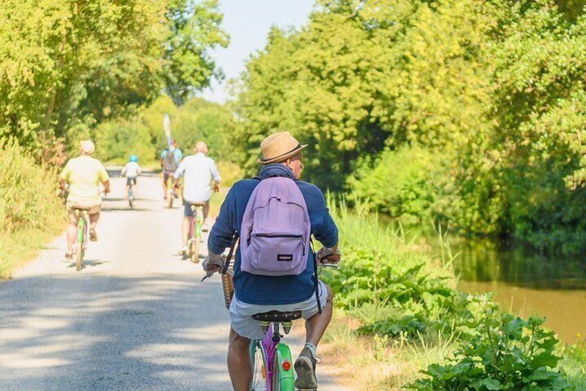 Un grupo de ciclistas en un sendero pavimentado, rodeado de follaje y árboles. 3
