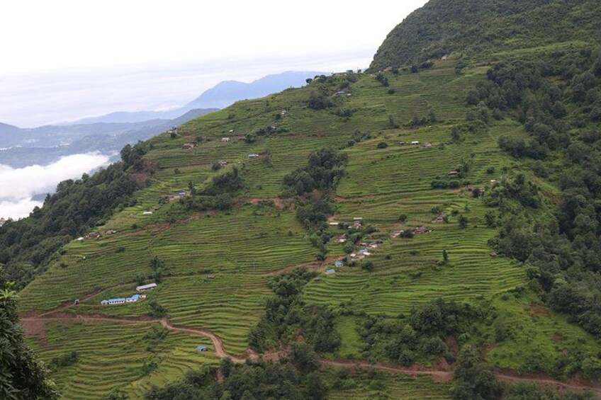 Terraced fields, a mountain, and a village. 3