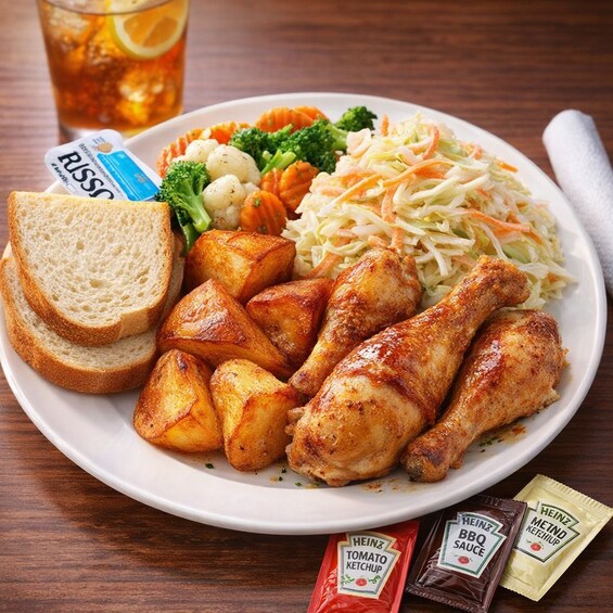 Un plato de comida que incluye pollo asado, papas, ensalada de col y pan, con salsas y una bebida al fondo. 2