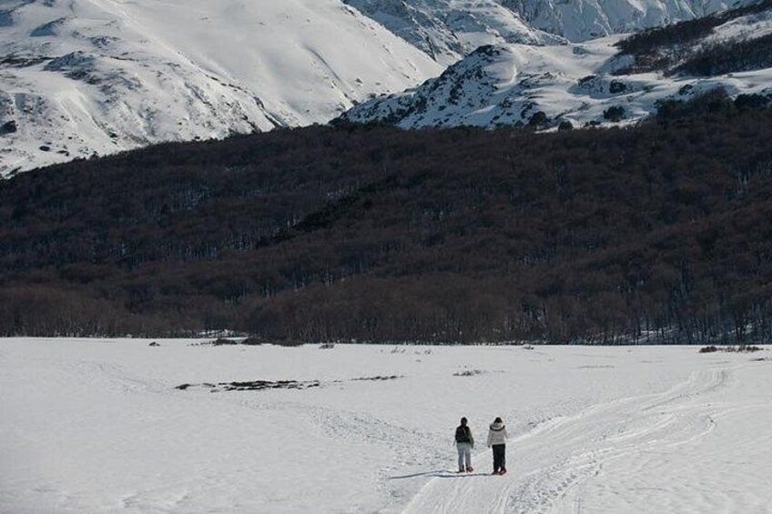 A snowy landscape with two people walking on a trail. 2