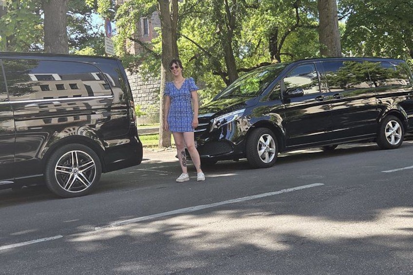 A person standing between two parked cars on a tree-lined street. 3