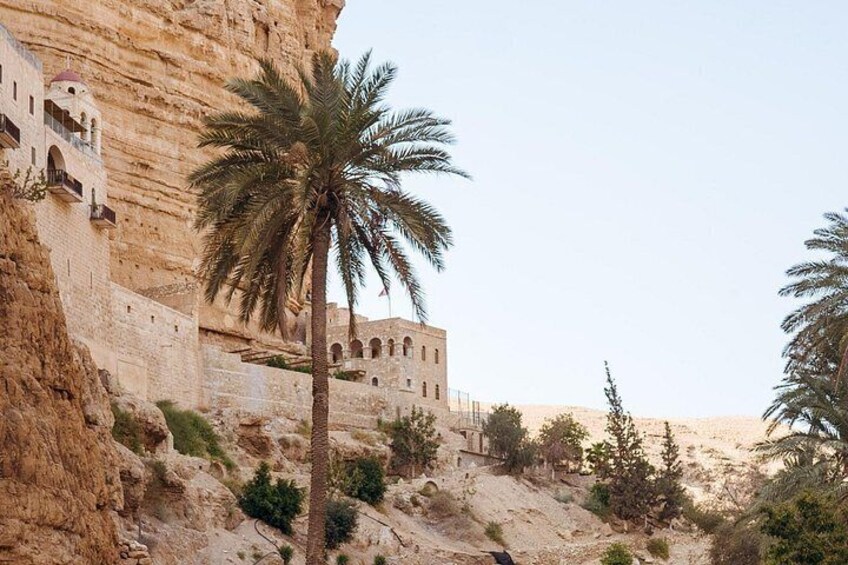 A cliffside with ancient buildings and palm trees. 3