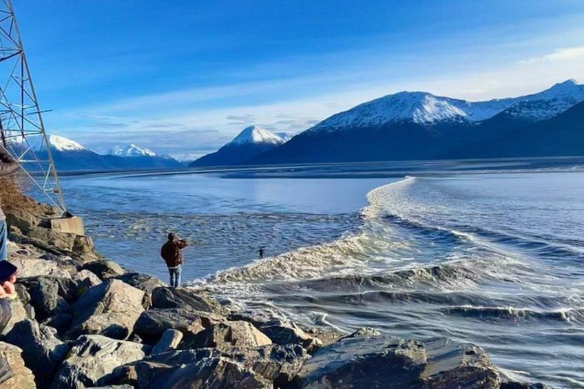 A rocky shoreline with a person taking a photo, a large metal structure, and snow-capped mountains in the background. 5
