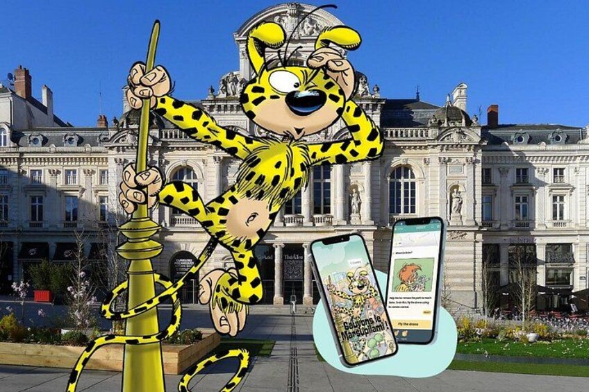 A cartoon character in a yellow and black outfit, holding a pole, with two smartphones displaying a game. 5