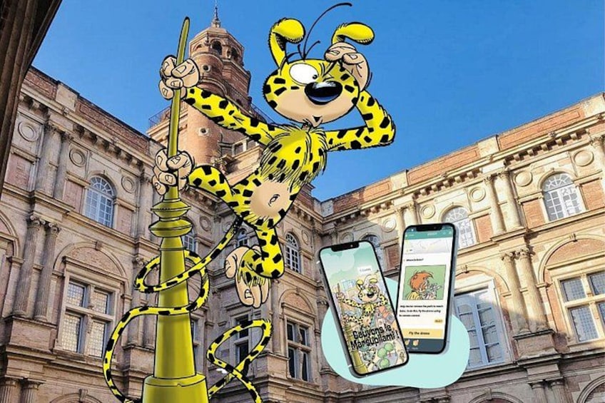 Ein Comic-Charakter mit Schwert, ein Gebäude im klassischen Stil und zwei Smartphones, die Spielecover zeigen. 1
