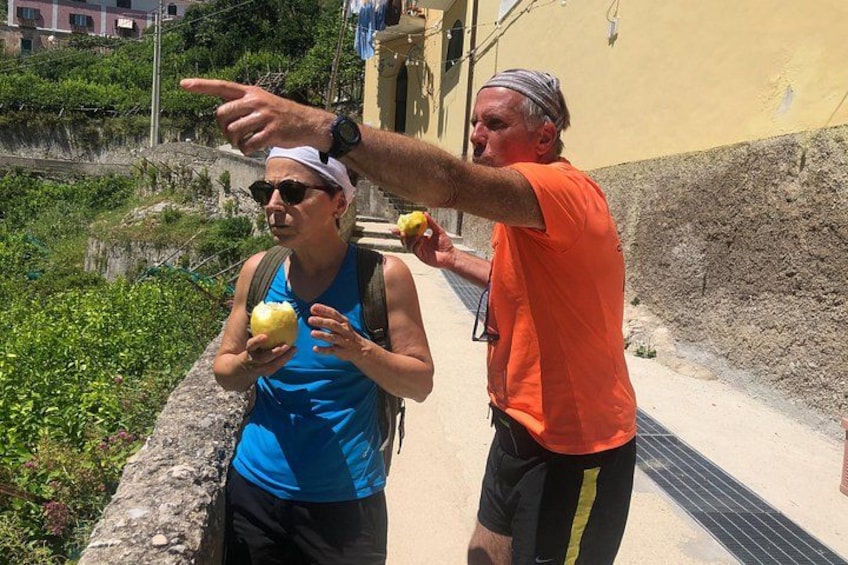 Deux personnes se promènent sur un sentier bordé de verdure, avec un bâtiment en arrière-plan. 4