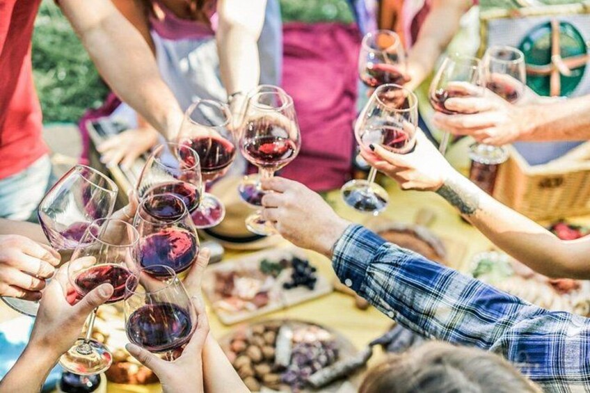 A group of people toasting with wine glasses at an outdoor gathering. 3
