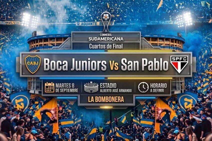 A stadium filled with fans, a match between Boca Juniors and San Pablo, and the text 'Cuartos de Final' indicating the stage of the competition. 4