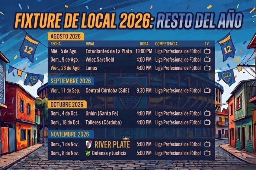 A schedule for local football fixtures in 2026, listing dates, opponents, times, and TV channels. 2