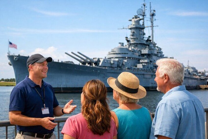 Un grupo de personas observando un gran buque de guerra en un muelle. 1