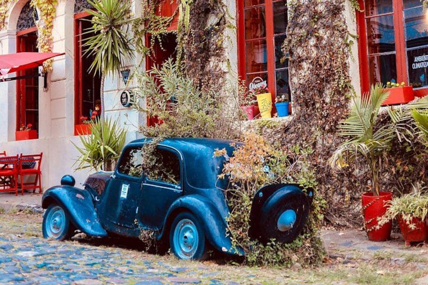 Un coche azul antiguo estacionado en una calle empedrada, rodeado de exuberante vegetación y ventanas rojas en un edificio. 2