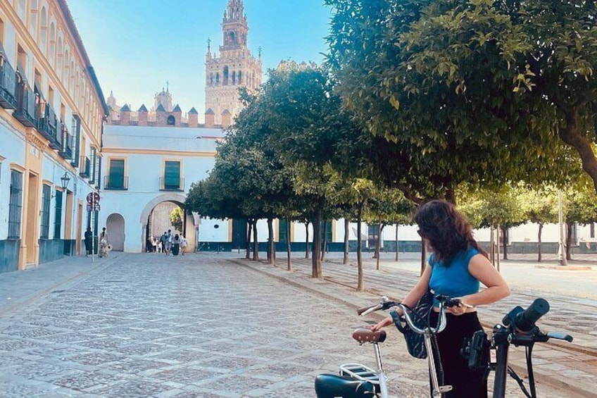 A woman adjusting a bicycle in a cobblestone square with trees and historic buildings in the background. 5