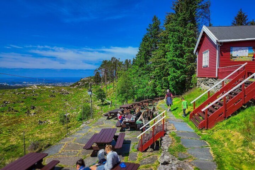 A red cabin with a wooden staircase, picnic tables, and a grassy hill with a view. 2