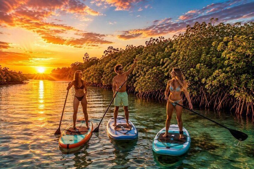 Three people paddleboarding on a calm body of water during sunset. 5