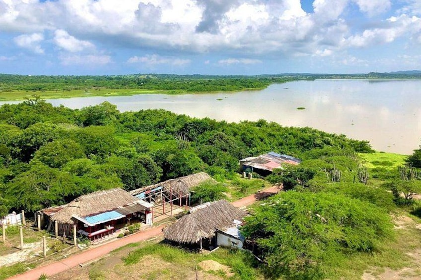 Un paysage rural avec un lac, des cabanes et une végétation luxuriante. 3