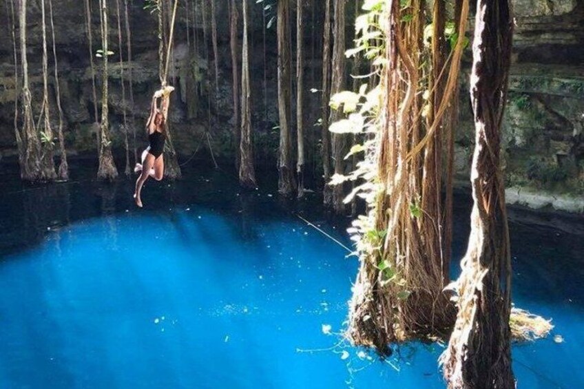 Eine Person schwingt an einem Seil durch einen Wald, unweit eines blauen Gewässers. 2