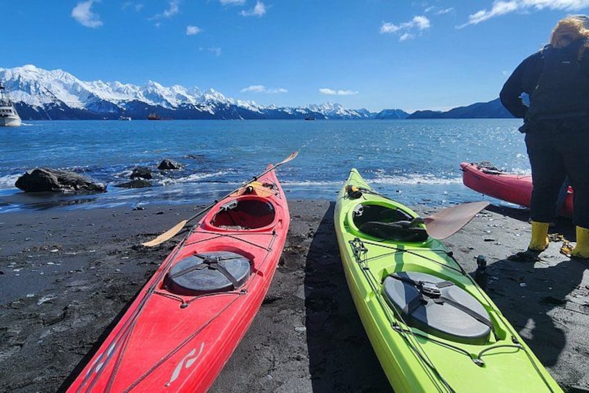 Two kayaks on a beach with a mountainous backdrop. 5