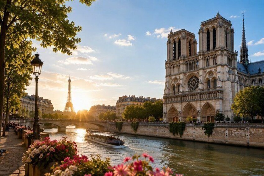 Notre-Dame Cathedral, a river, and the Eiffel Tower in Paris. 1