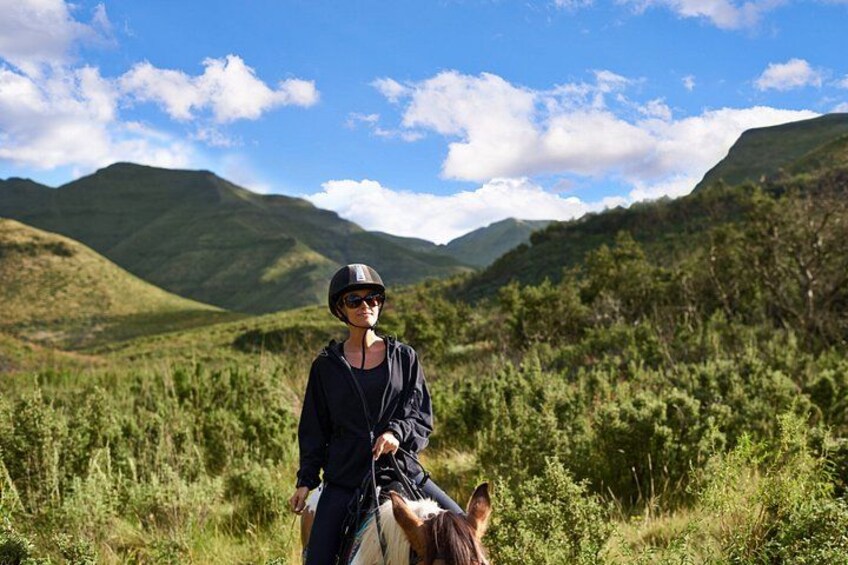 A person riding a horse in a mountainous landscape with green vegetation and hills in the background. 2