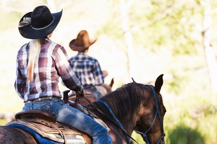 Two people riding horses in a wooded area. 3