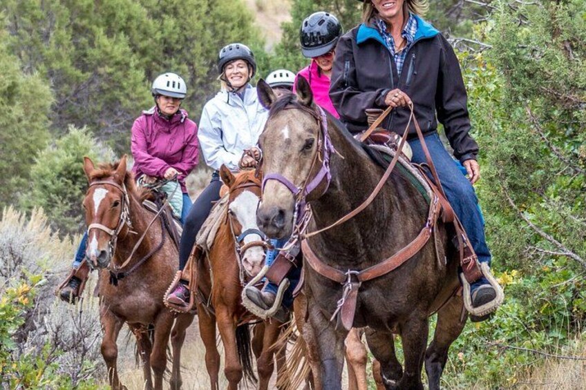 Four people riding horses on a trail surrounded by greenery. 5