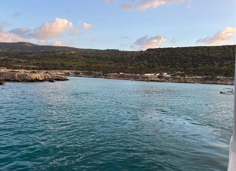 Un paysage côtier caractérisé par des eaux calmes, des affleurements rocheux et une chaîne de collines en arrière-plan. 4