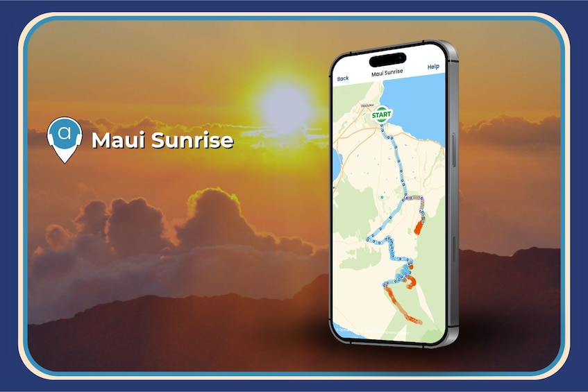 Een smartphone toont een kaart met een route, aangeduid met een blauwe lijn, beginnend bij een plek met de aanduiding 'START' en eindigend bij 'Maui Sunrise'. 3