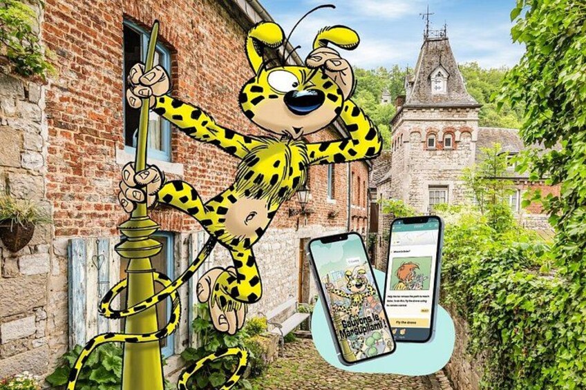 En tegneseriefigur i gule og sorte klæder, en murstensbygning og to smartphones der viser et spil. 1