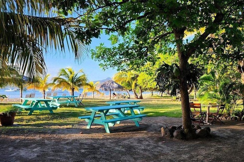 A beach picnic area with tables and chairs, palm trees, and a view of the ocean. 3