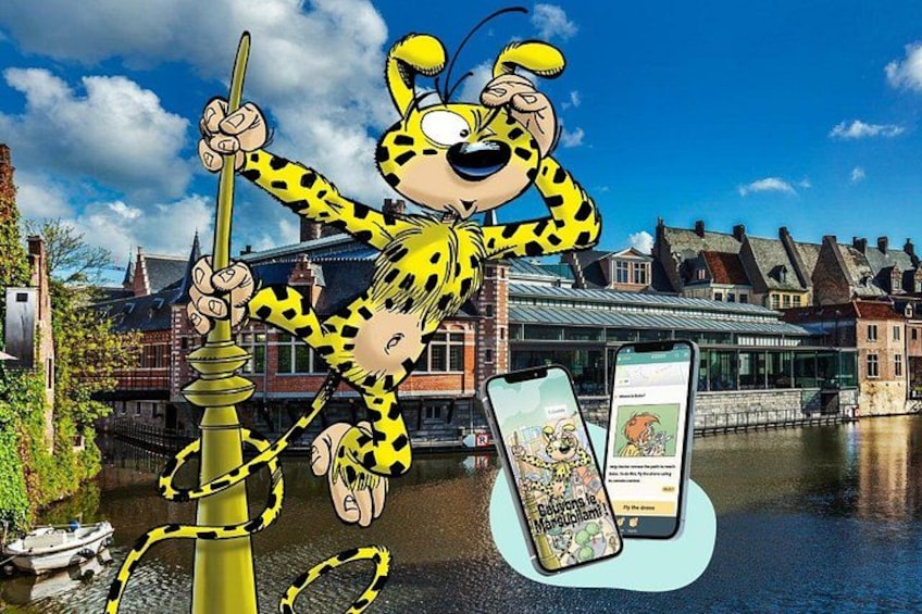 A cartoon character in a yellow outfit with a pole, a smartphone, and a bottle of drink on a table. 1