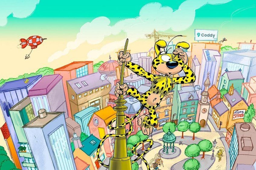 A cartoon cityscape with a giraffe-like character climbing a tall tower, buildings, trees, and a hot air balloon. 2