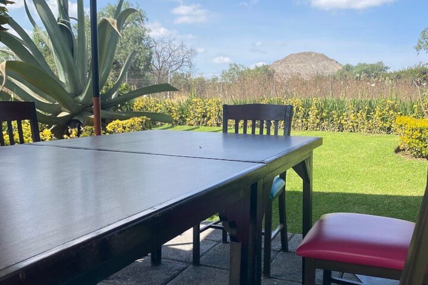 Un área de comedor al aire libre con una mesa y sillas, rodeada por un jardín con flores amarillas y una planta de agave grande. 3