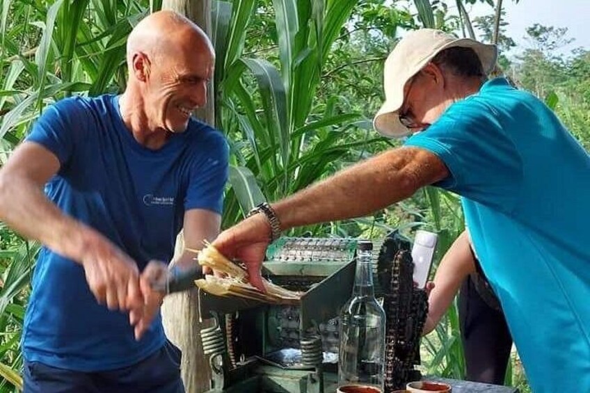 Dos personas preparando comida al aire libre con un procesador de alimentos e ingredientes. 2