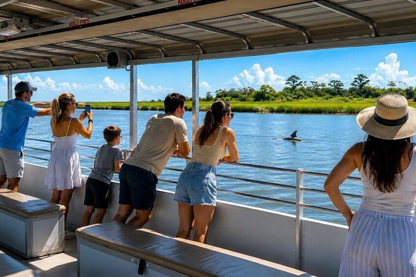 A group of people on a boat, looking at a dolphin in the water. 3