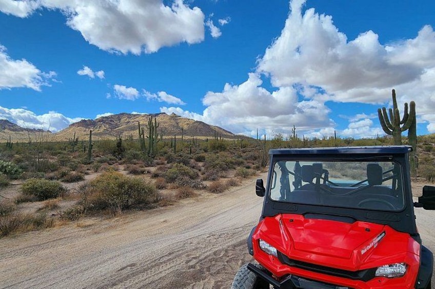 A red off-road vehicle on a dirt road with cacti and mountains in the background. 2