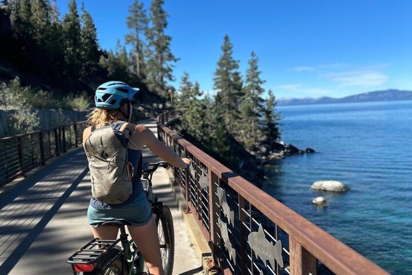 A person riding a bicycle on a bridge with a view of a lake and trees. 2