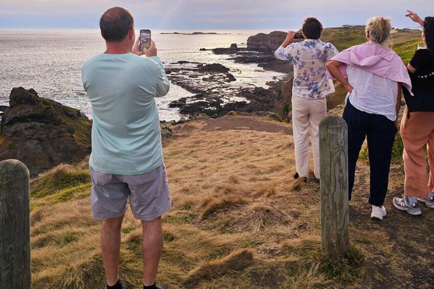 A group of people taking photos by the sea, with rocky terrain and grassy fields in the background. 4
